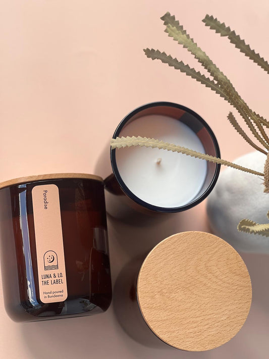 Paradise Candle Luna and Lo. The Label Amber Jar Cotton Wick